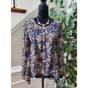 Promesa Women Blue Floral Polyester Henley Neck Long Sleeve Button Down Shirt S